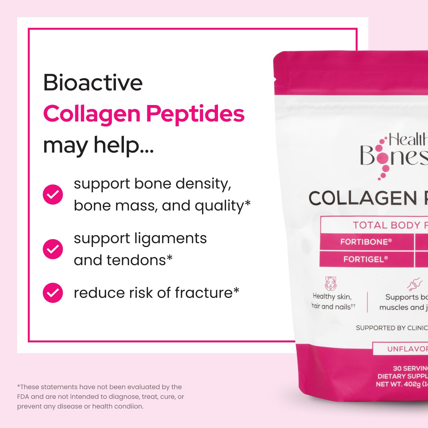Healthy Bones Co. Fortibone label lists FORTIBONE, FORTIGEL, VERISOL, TENDOFORTE for essential actives