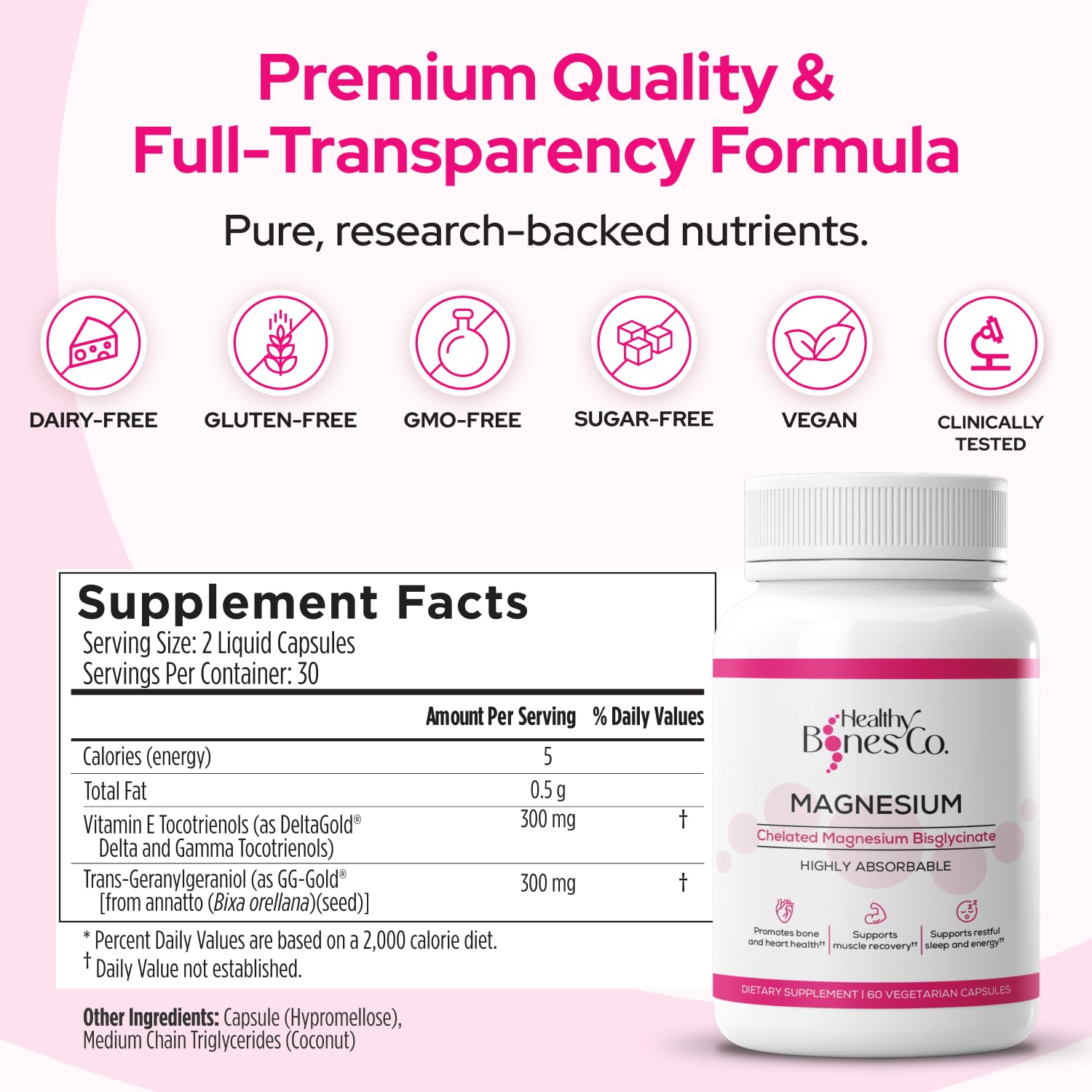 Healthy Bones Co. magnesium bisglycinate capsules close-up for easy daily use.