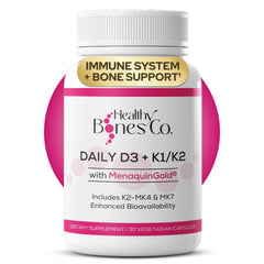 Healthy Bones Co. Premium D3 K2 bottle front promotes calcium support.