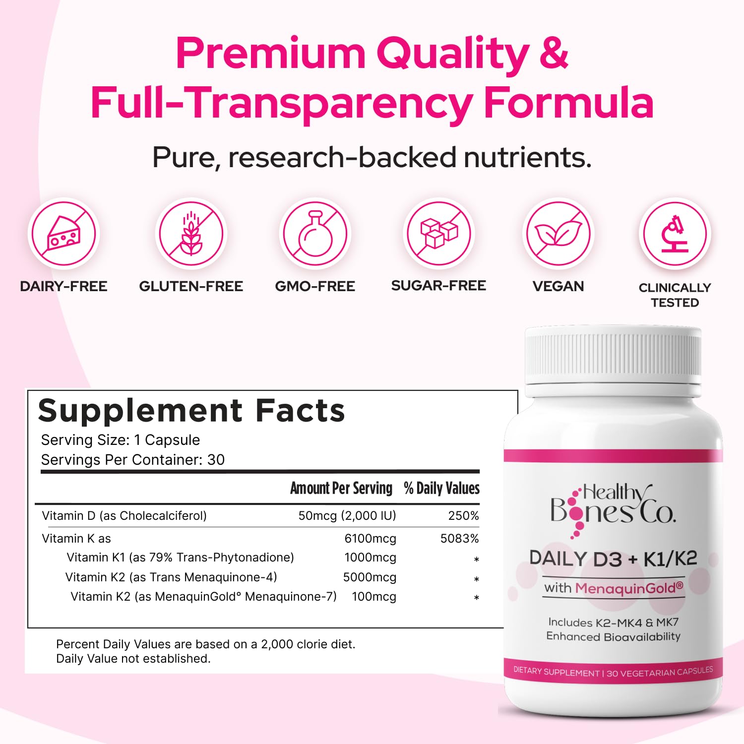 Healthy Bones Co. Premium D3 K2 capsules closeup highlighting 2000 IU D3 and K2 usage.