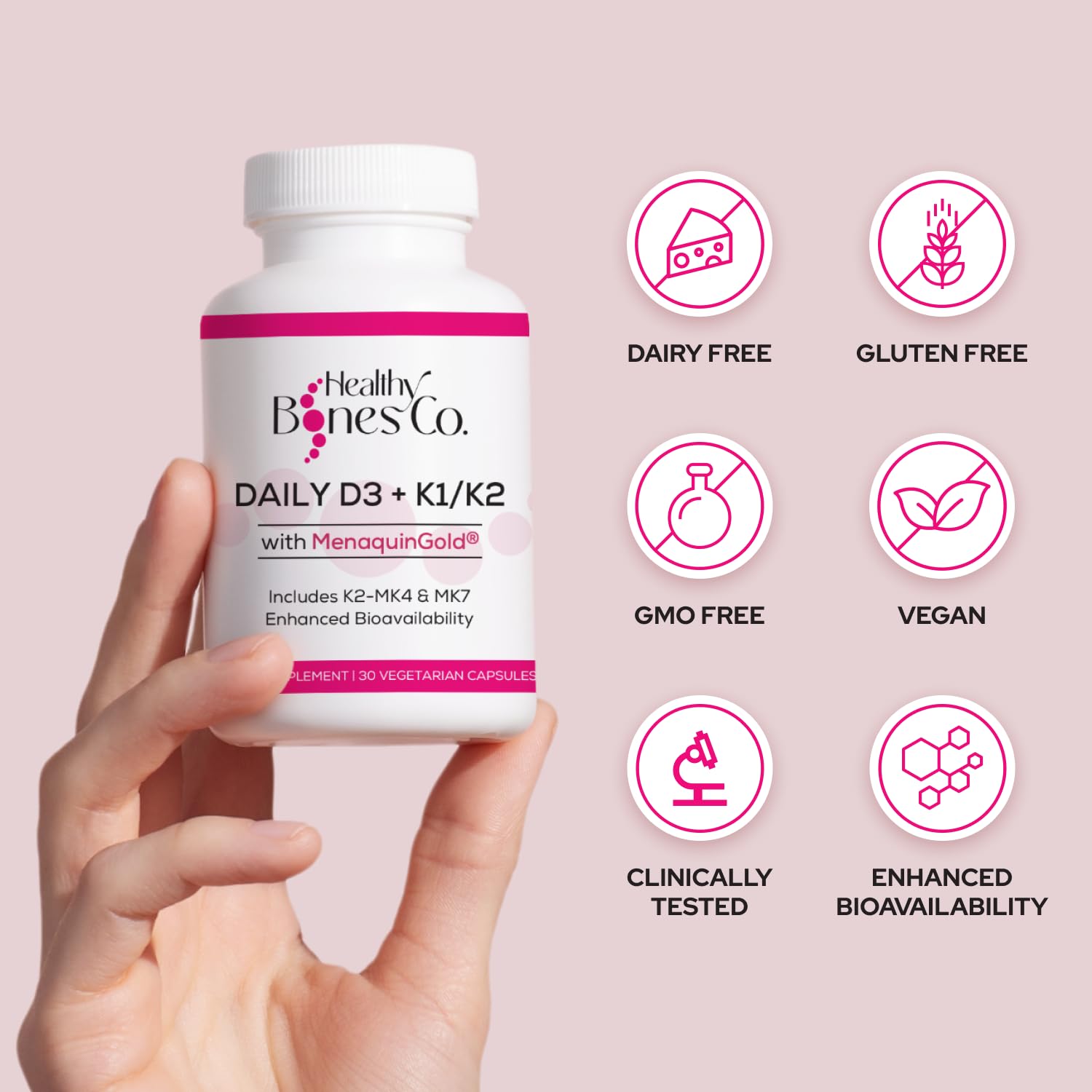 Healthy Bones Co. Premium D3 K2 packaging outer view signals vegan, gluten-free formula.