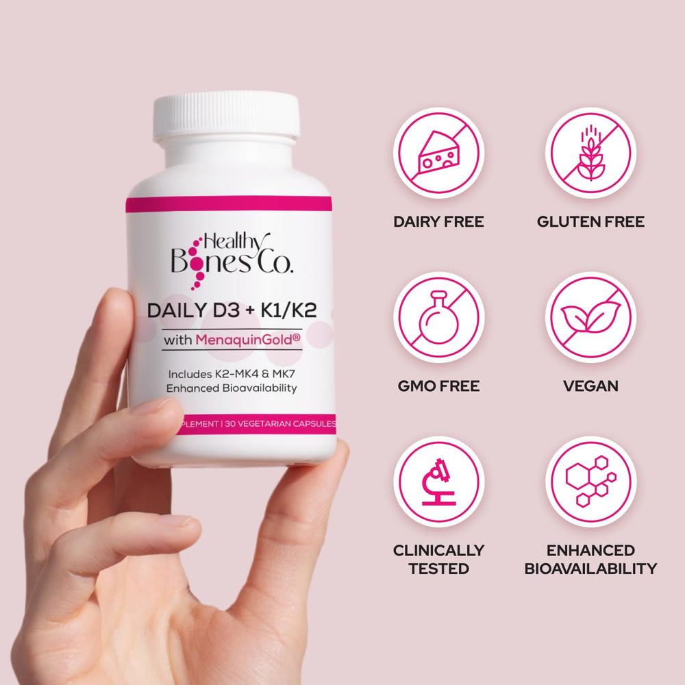 Healthy Bones Co. Premium D3 K2 packaging outer view signals vegan, gluten-free formula.