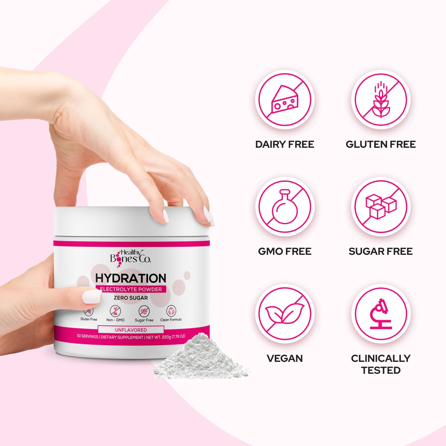 Healthy Bones Co keto-friendly vegan electrolyte powder in a clean allergen-free formula.