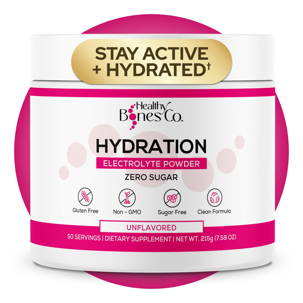 Healthy Bones Co sugar-free electrolyte powder bottle for on-the-go hydration