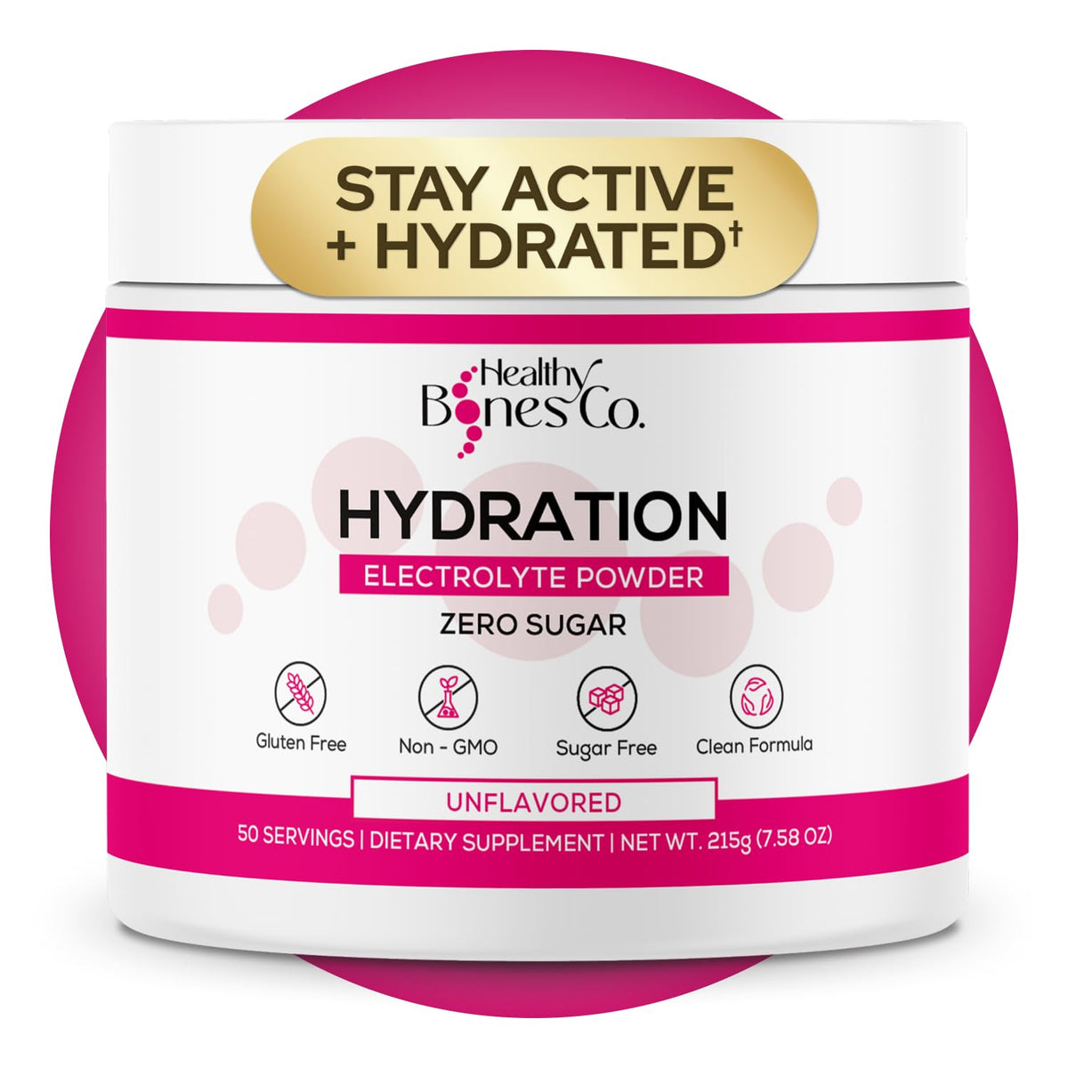 Healthy Bones Co sugar-free electrolyte powder bottle for on-the-go hydration