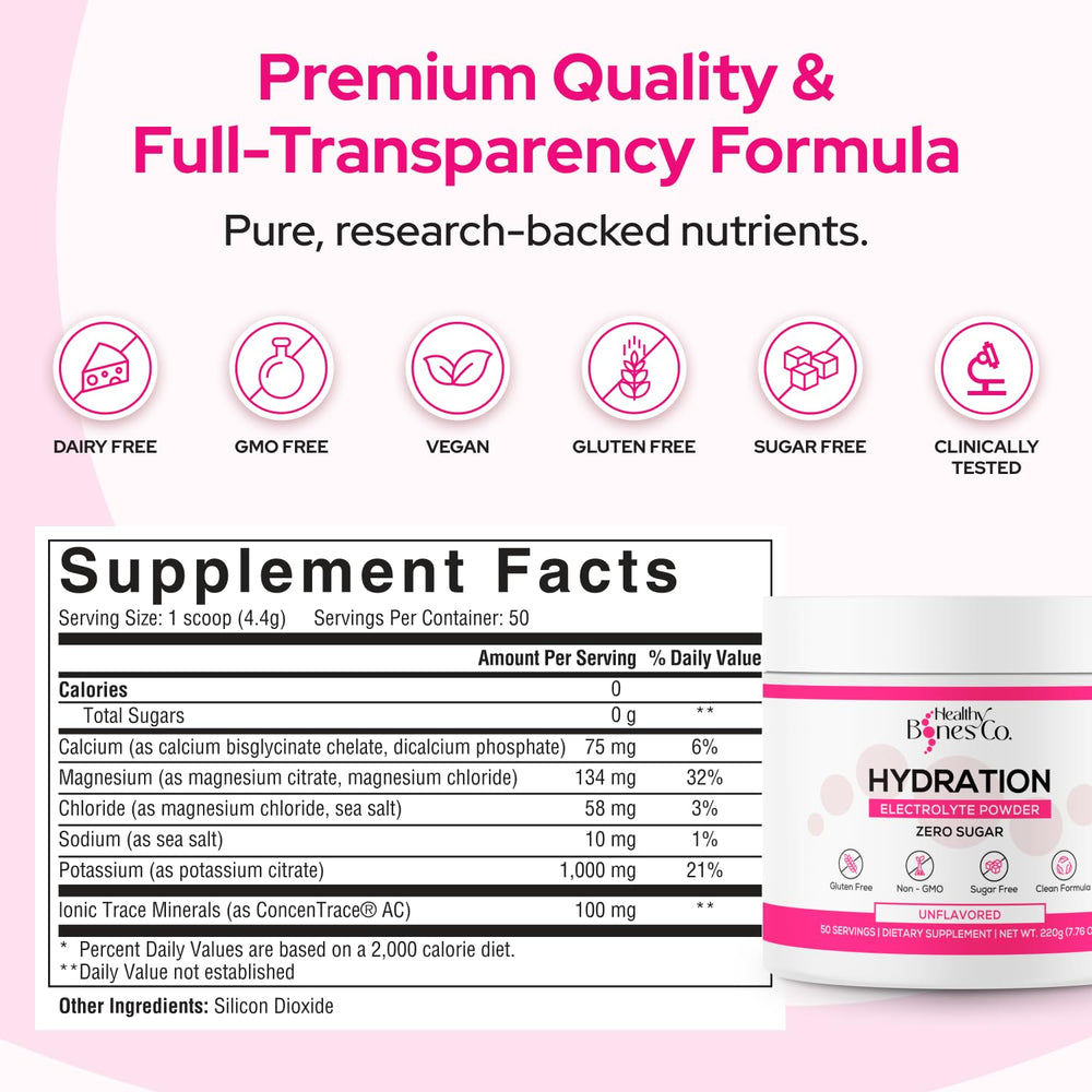 Healthy Bones Co unflavored electrolyte powder tub blends into water or smoothies smoothly
