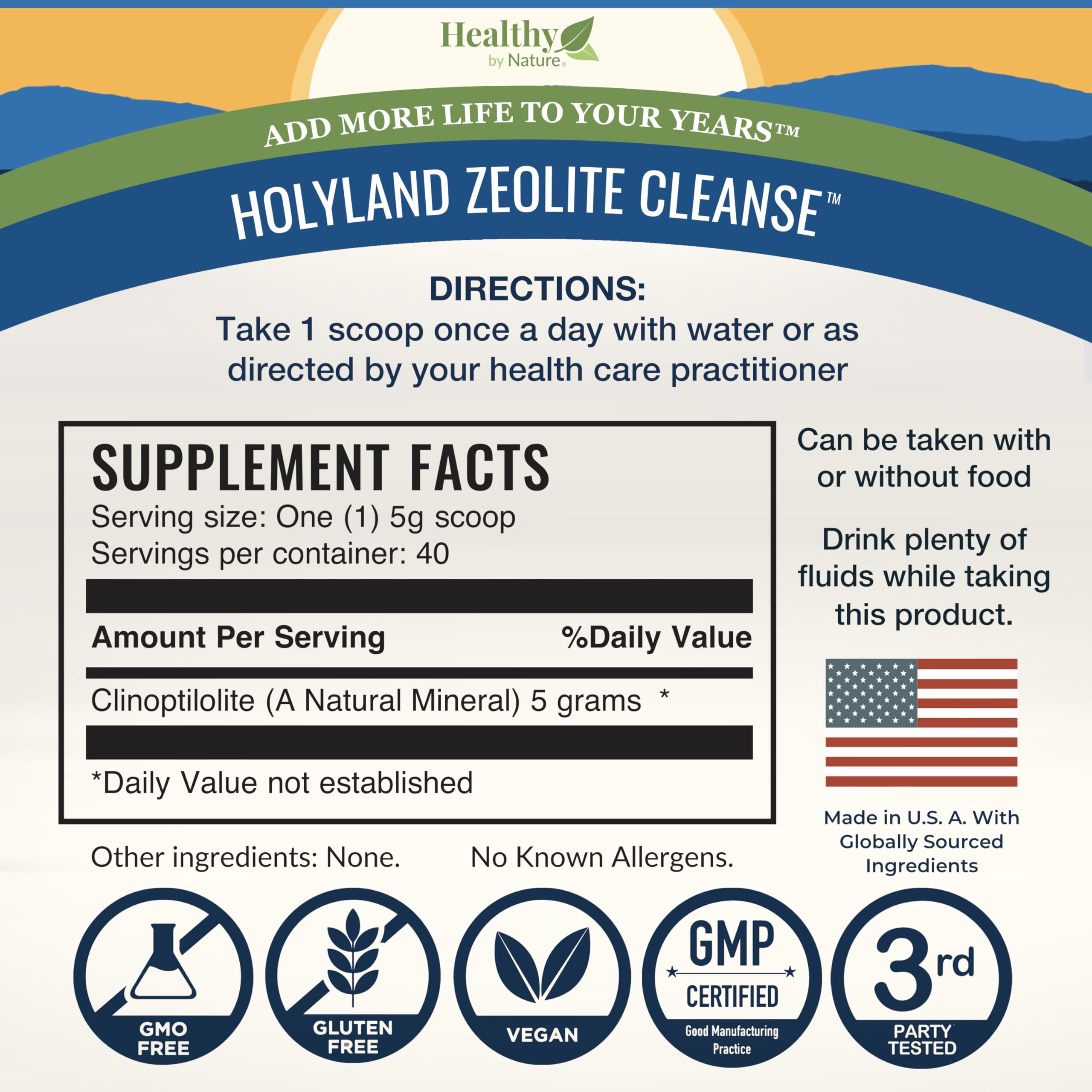 Healthy by Nature HolyLand Zeolite Cleanse packaging conveys trusted, responsibly sourced detox solution.