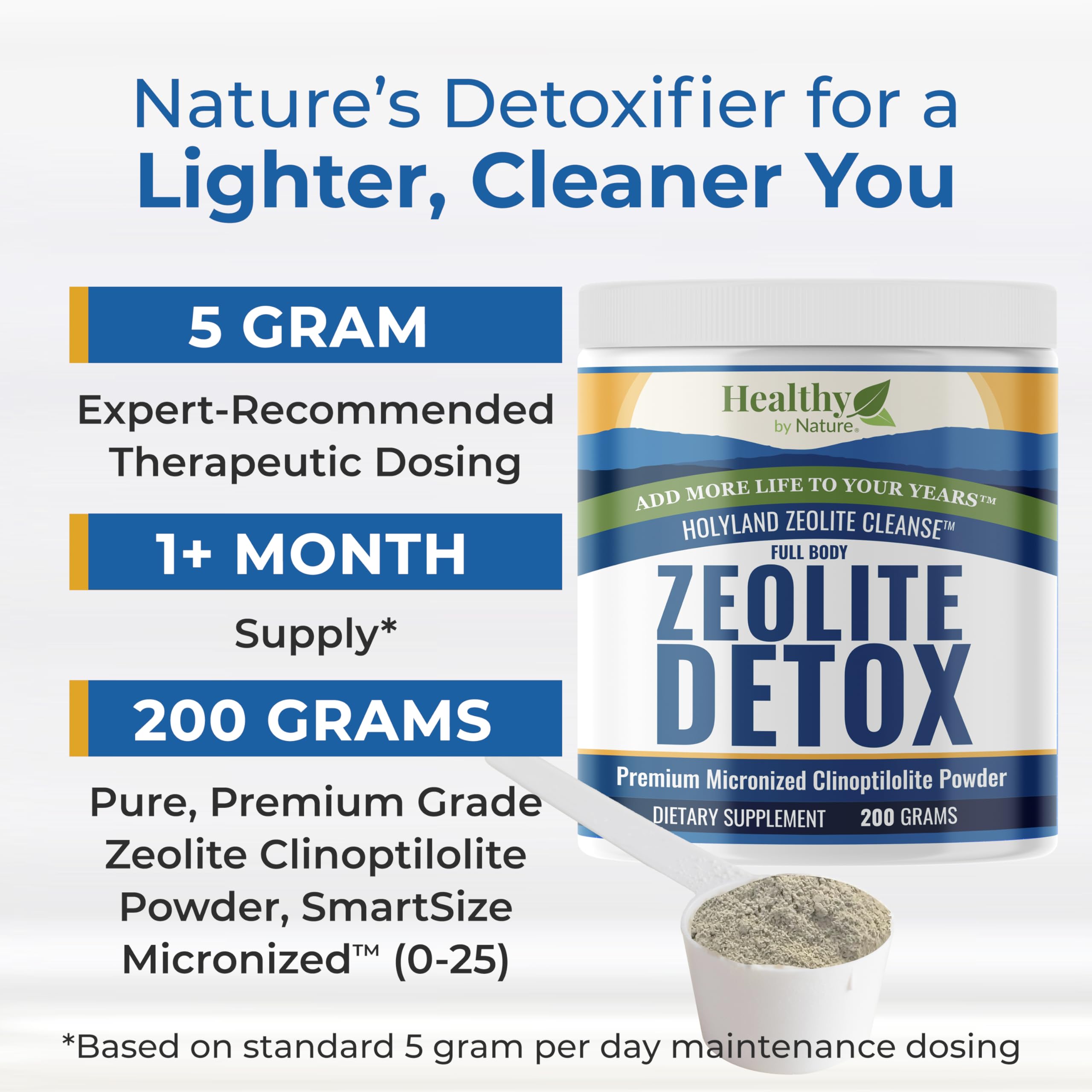 Healthy by Nature HolyLand Zeolite Cleanse scoop helps measure dose for clean daily routines.