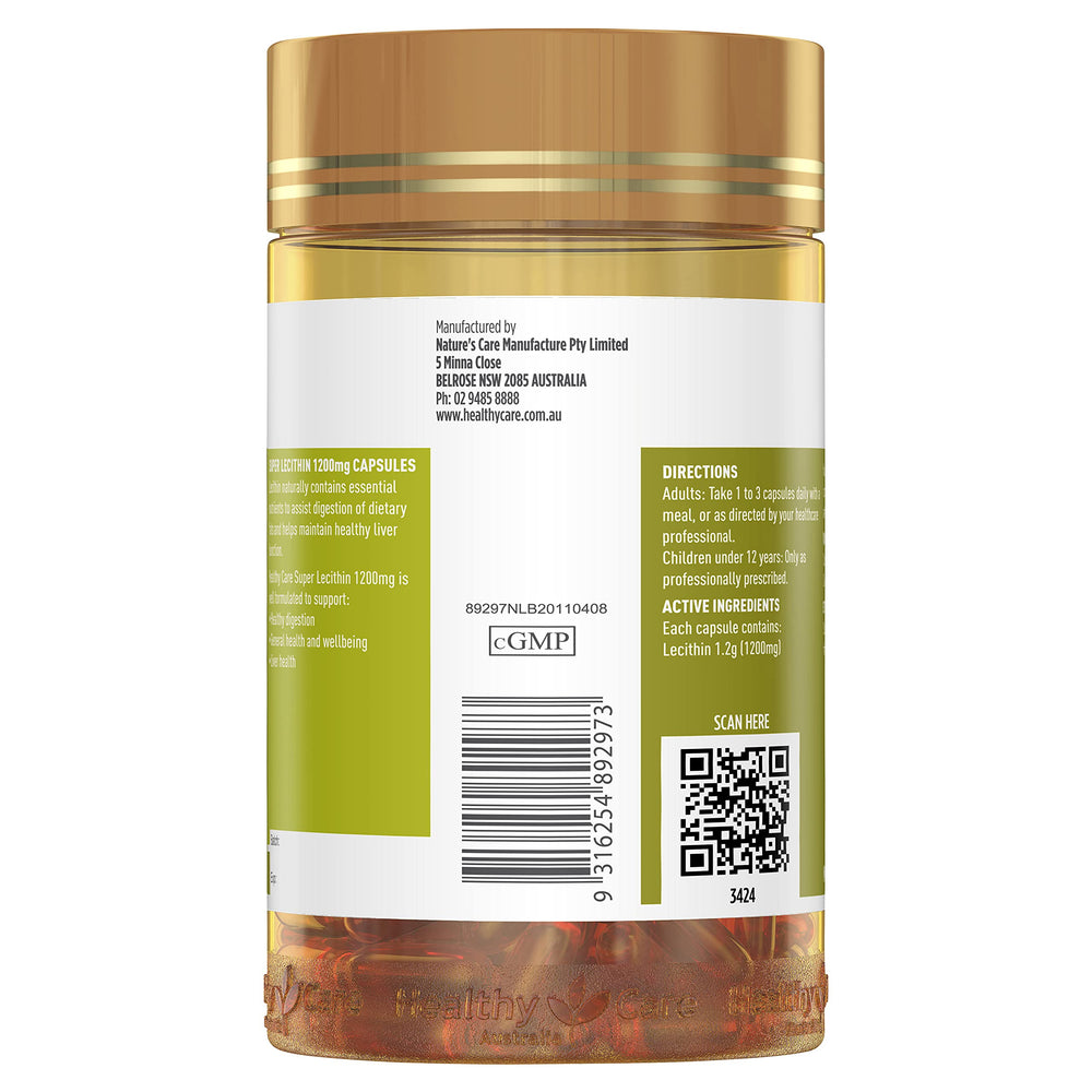 Healthy Care Lecithin capsules close-up emphasizing liver support and lipid metabolism