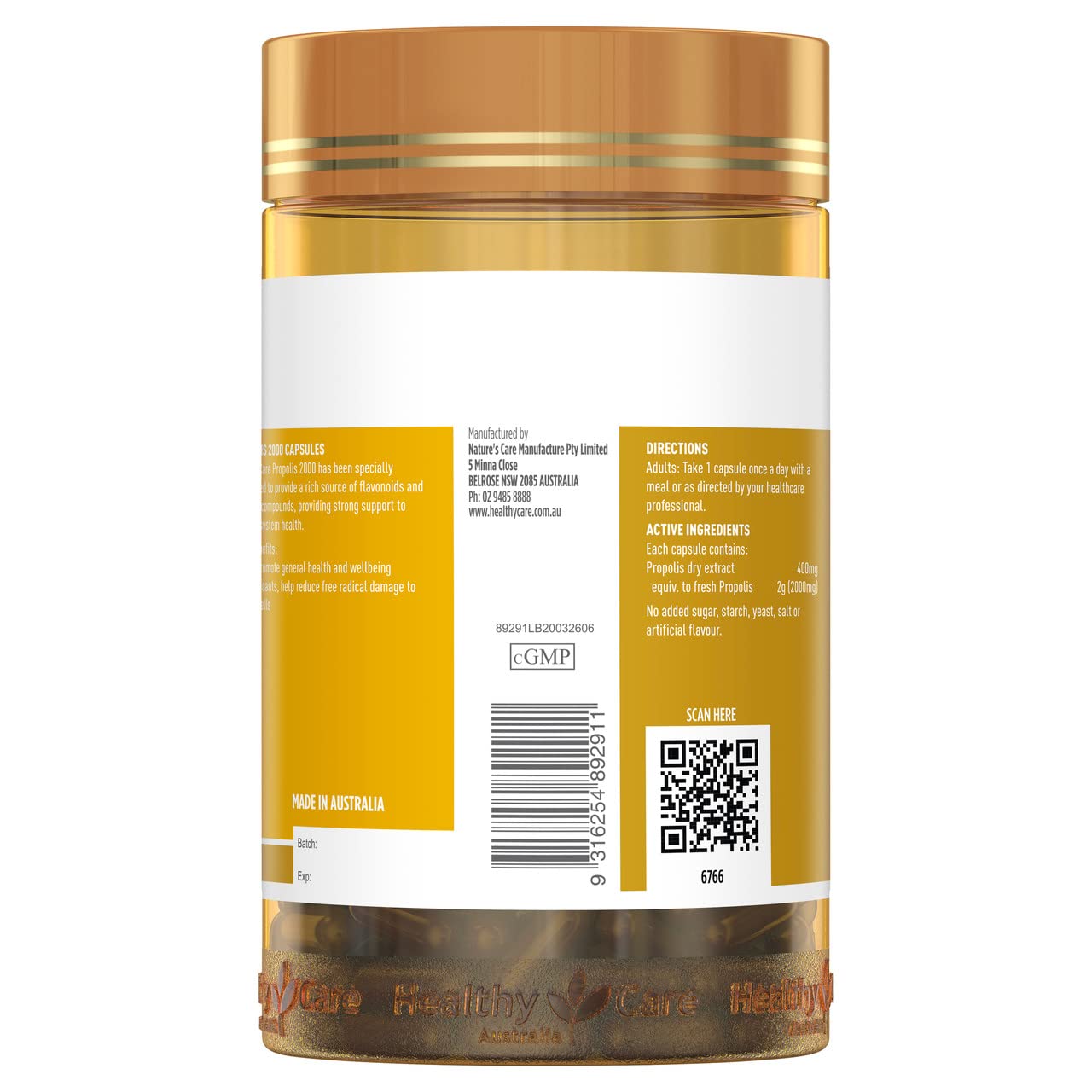 Healthy Care Propolis 2000mg capsules close-up for convenient daily supplementation.