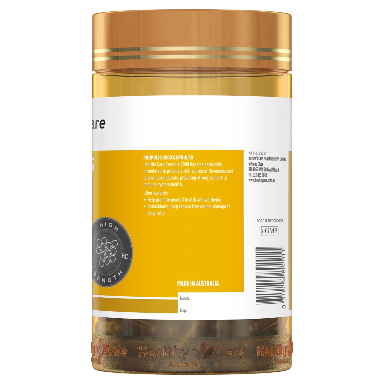 Healthy Care Propolis 2000mg dispensing close-up suggests simple daily intake.