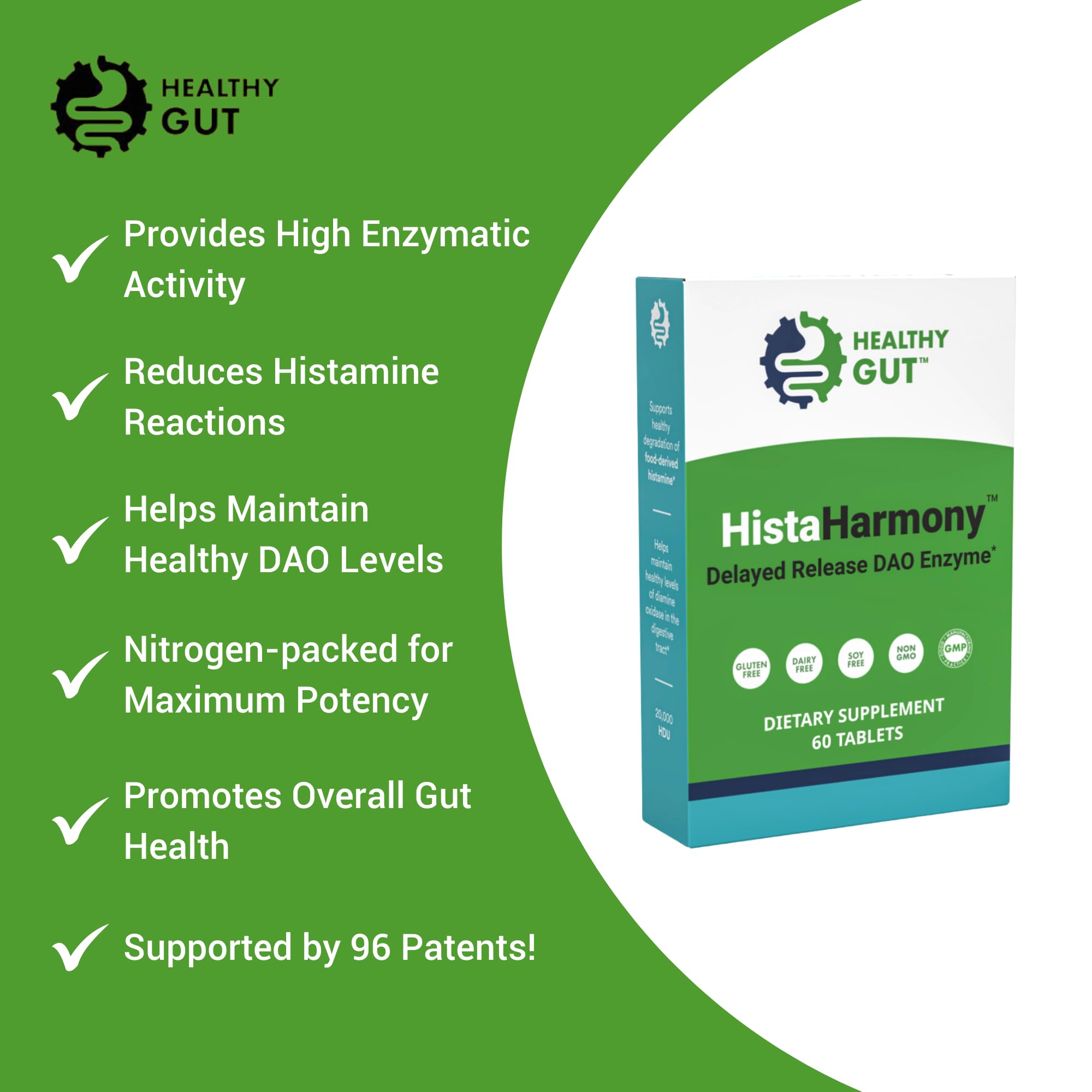 Healthy Gut HistaHarmony gluten-free and dairy-free claim conveys dietary compatibility.