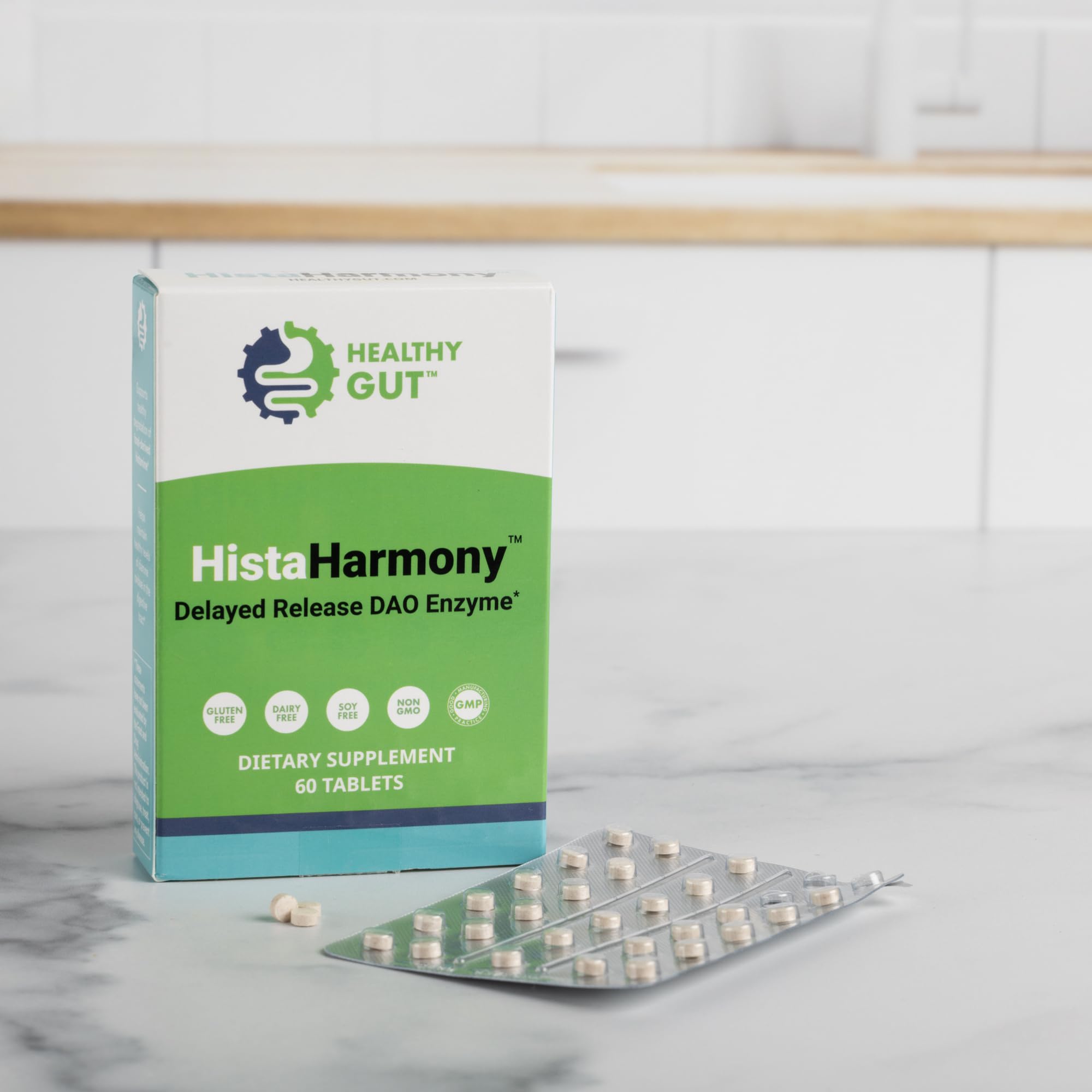 Healthy Gut HistaHarmony packaging box showcases gluten-free and dairy-free formulation.