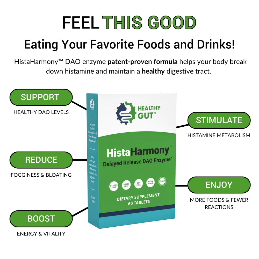 Healthy Gut HistaHarmony 60 servings label indicates convenient daily dosing.