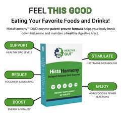 Healthy Gut HistaHarmony 60 servings label indicates convenient daily dosing.