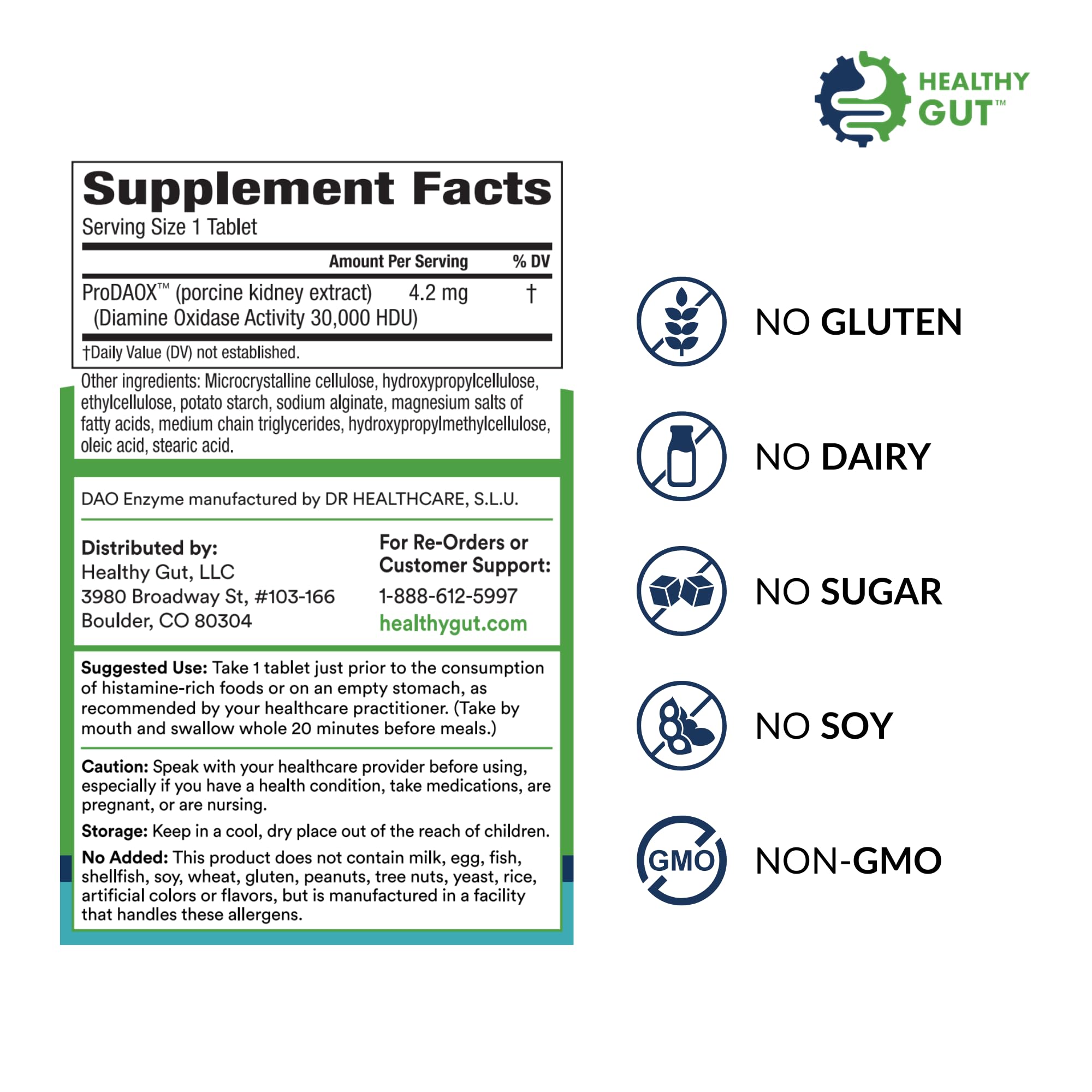 Healthy Gut HistaHarmony tablet close-up highlighting DAO enzyme for quick histamine processing.