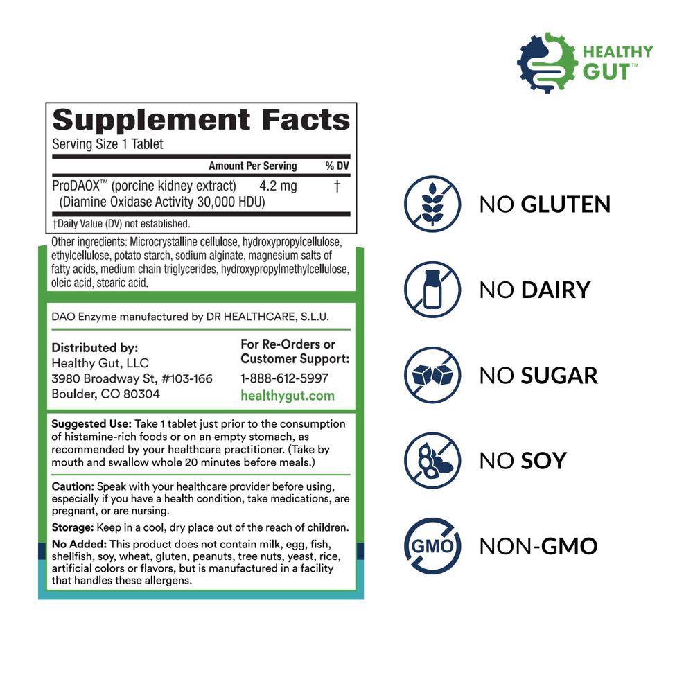 Healthy Gut HistaHarmony tablet close-up highlighting DAO enzyme for quick histamine processing.