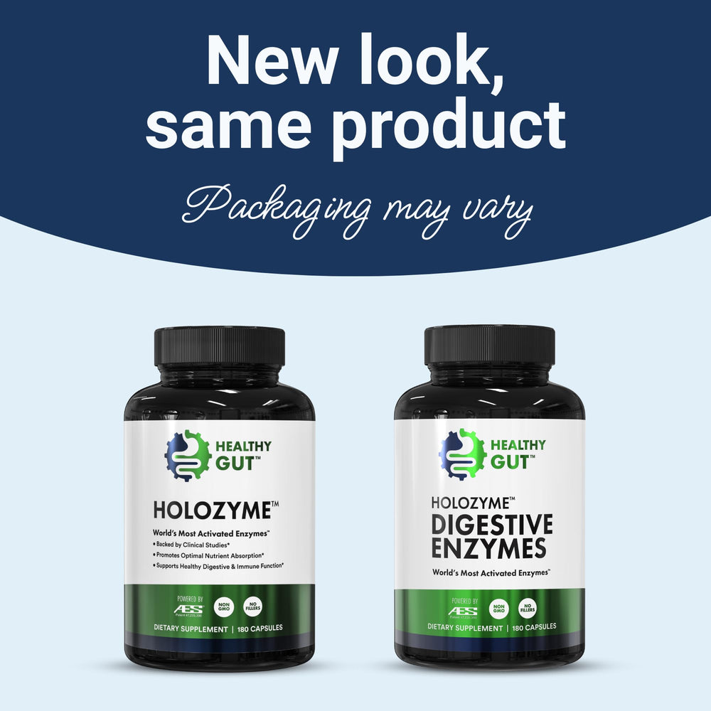 Healthy Gut HoloZyme capsules swirl—capsules designed for daily digestive support.