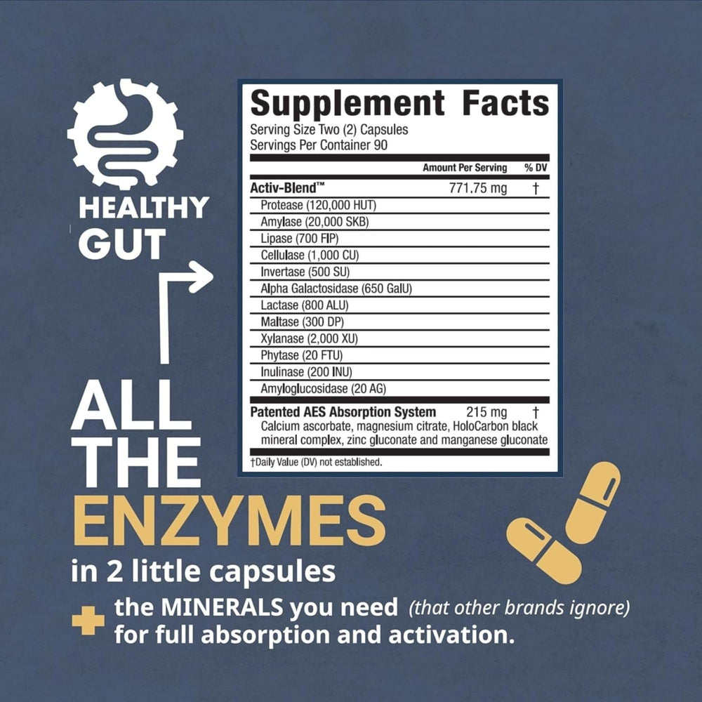 Healthy Gut HoloZyme label closeup—ingredient highlights and high-quality standards.