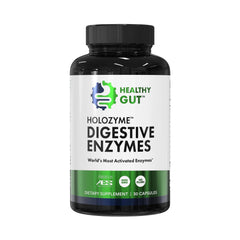 Healthy Gut HoloZyme bottle with capsules supports digestion after meals.