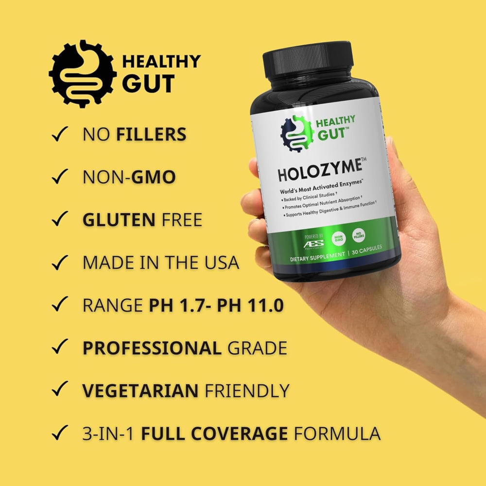 Healthy Gut HoloZyme ingredient panel featuring protease and amylase.