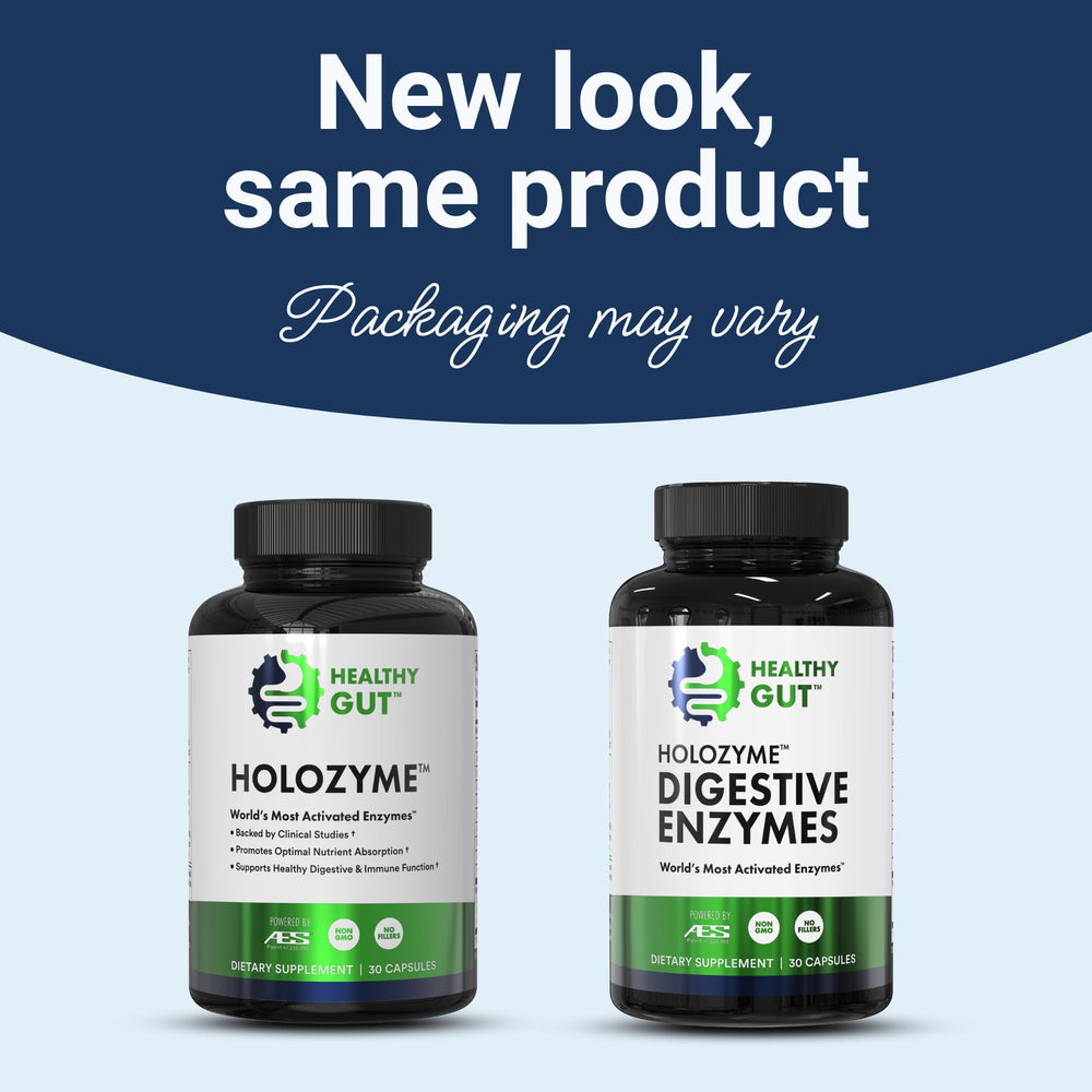 Pouring Healthy Gut HoloZyme capsules for convenient meal-time digestion support.