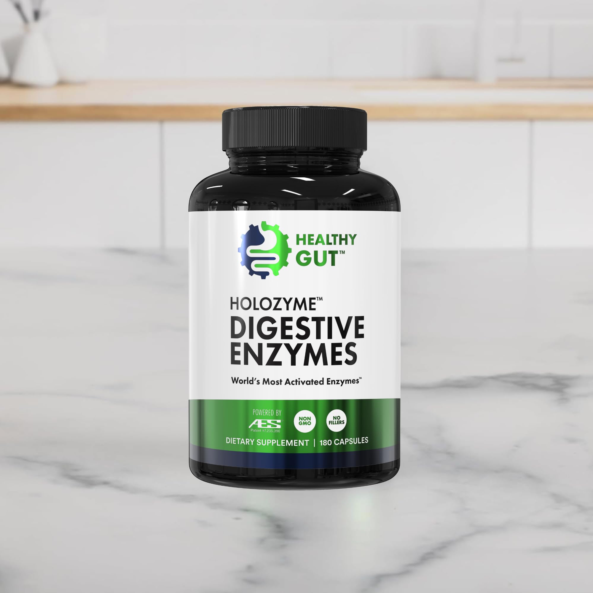 Healthy Gut HoloZyme vegan-friendly capsules on a clean background.