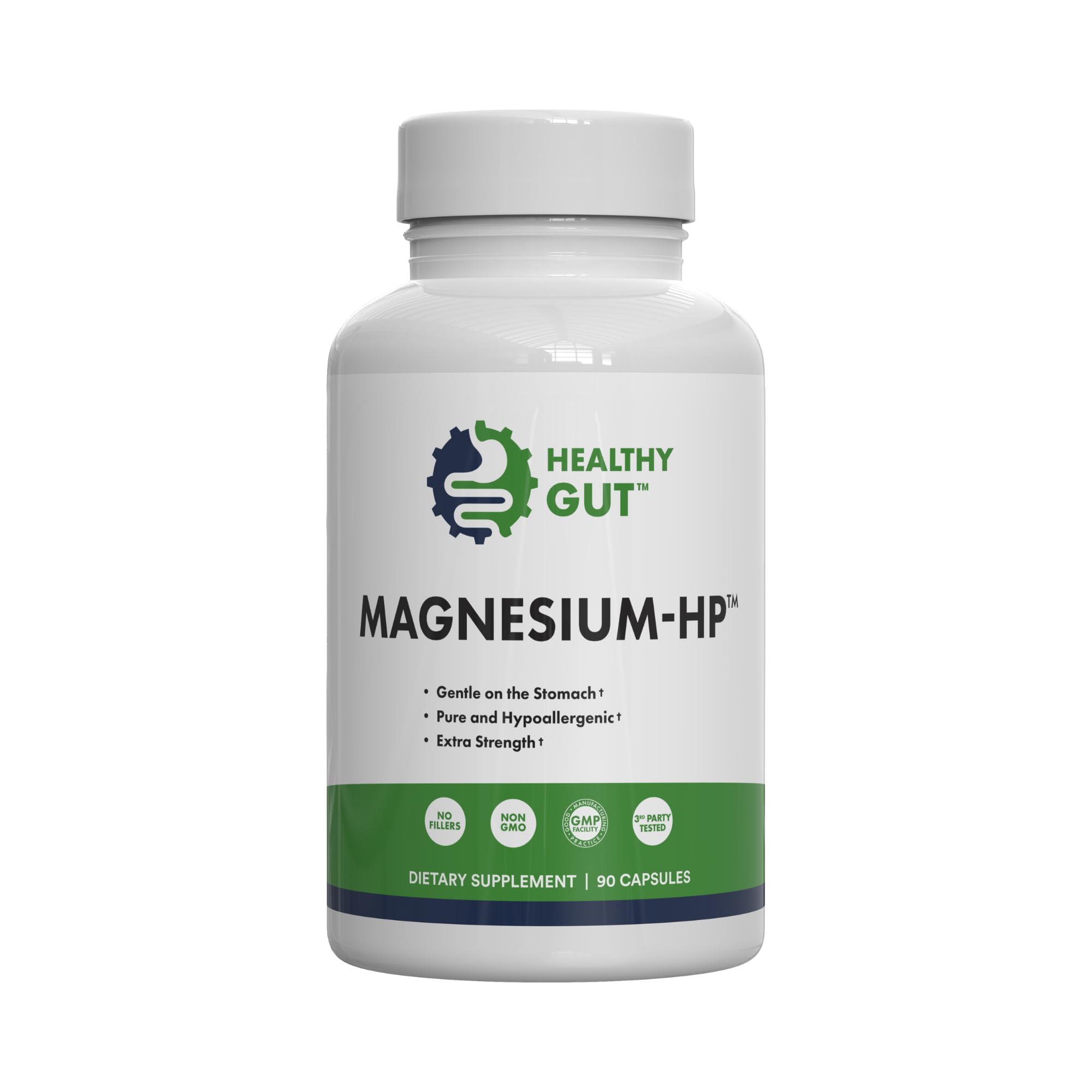 Healthy Gut Magnesium-HP bottle label highlighting purity and high potency for daily support.