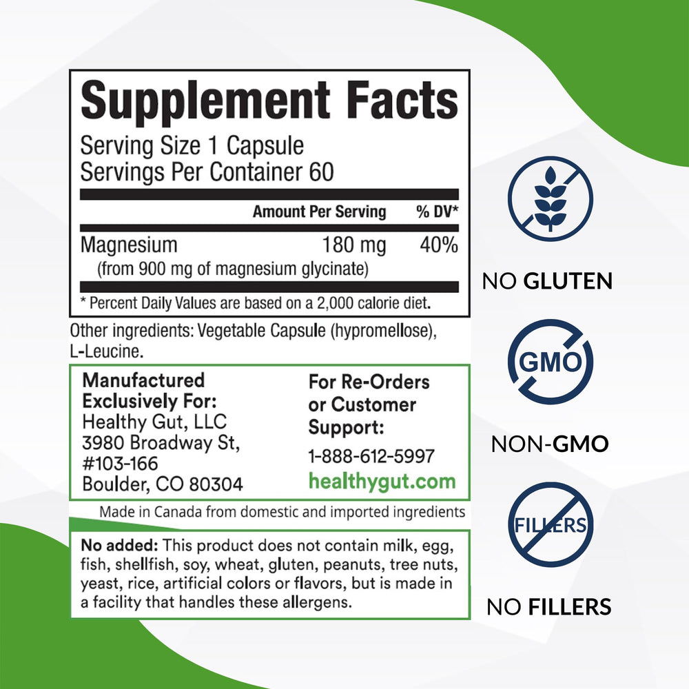 Healthy Gut Magnesium-HP capsule close-up highlighting chelated glycinate form