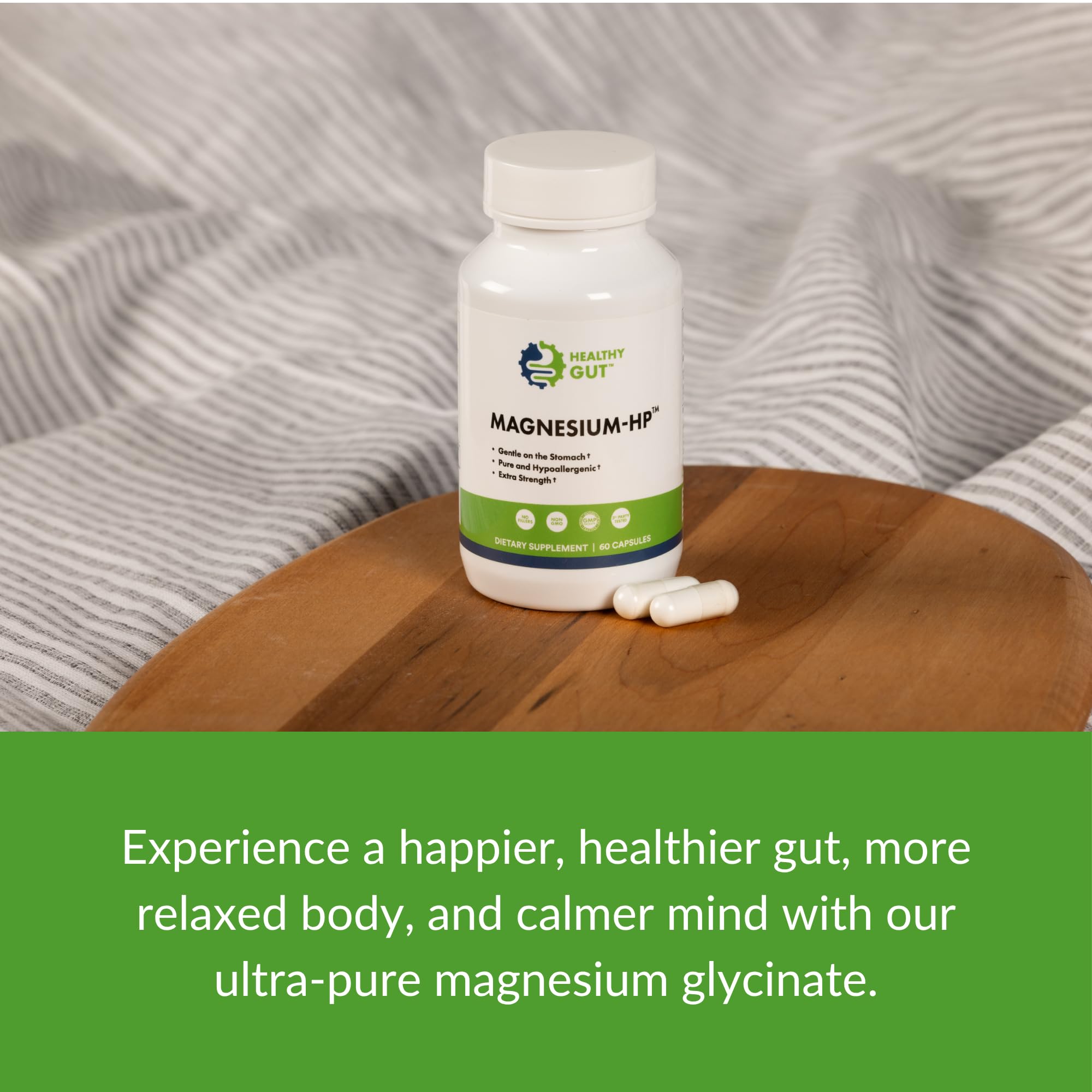 Healthy Gut Magnesium-HP certification mark indicating cGMP manufacturing quality