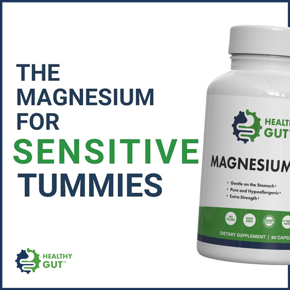 Healthy Gut Magnesium-HP daily-dosing guide with 180 mg per capsule.