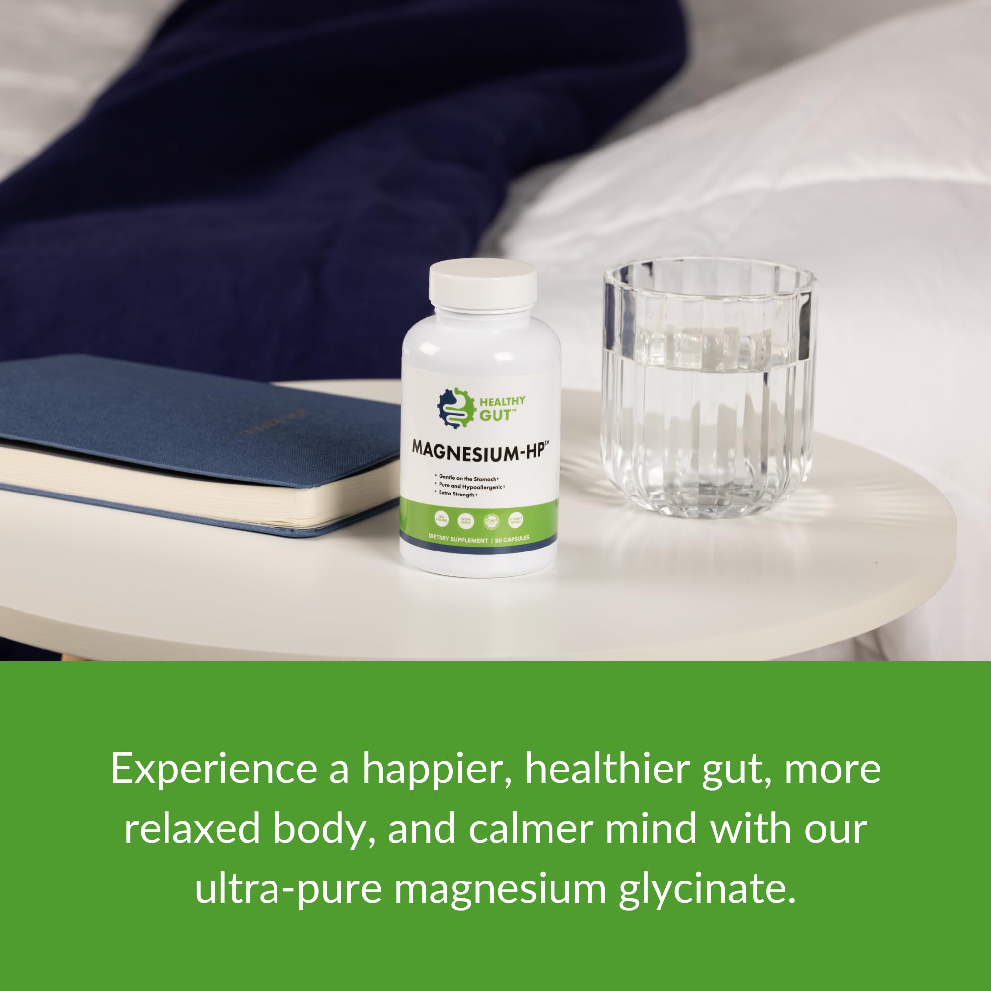 Healthy Gut Magnesium-HP glycine-chelated magnesium illustration highlights enhanced absorption.