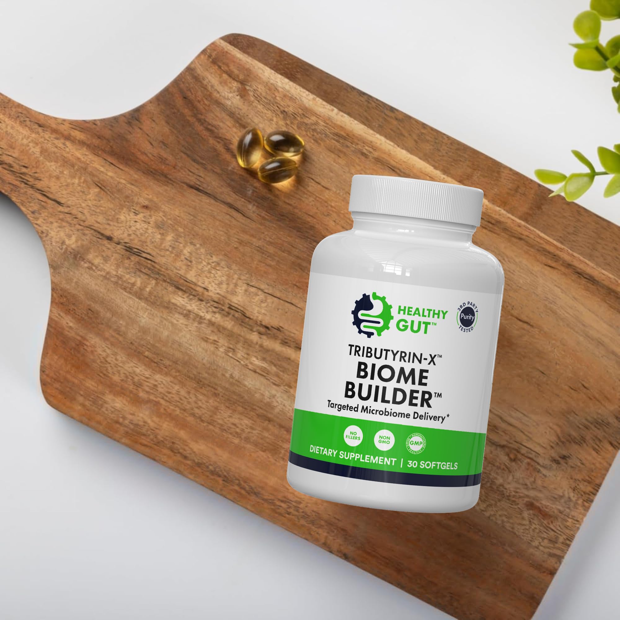 Healthy Gut Tributyrin-X 30-softgels container ready for daily routine.