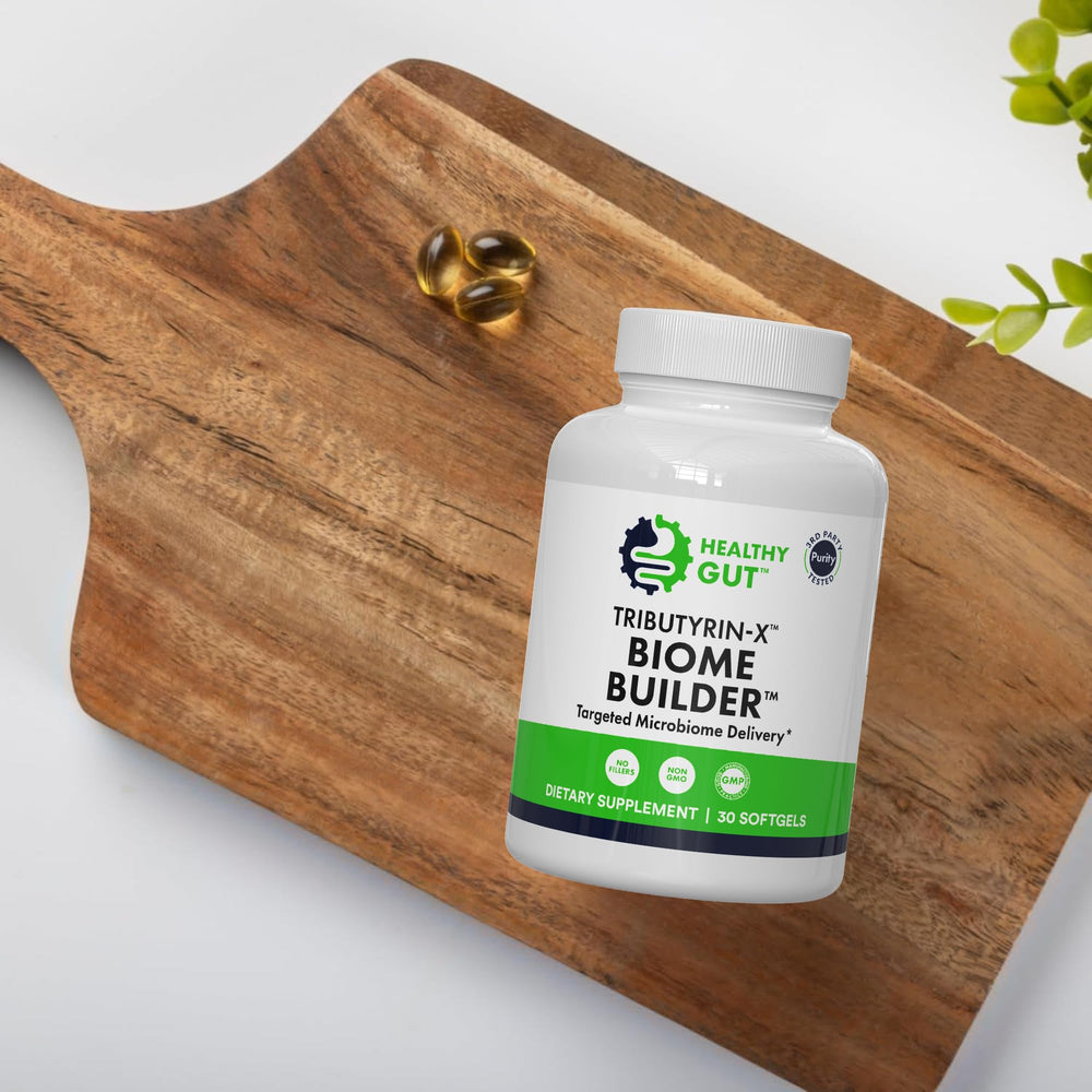 Healthy Gut Tributyrin-X 30-softgels container ready for daily routine.