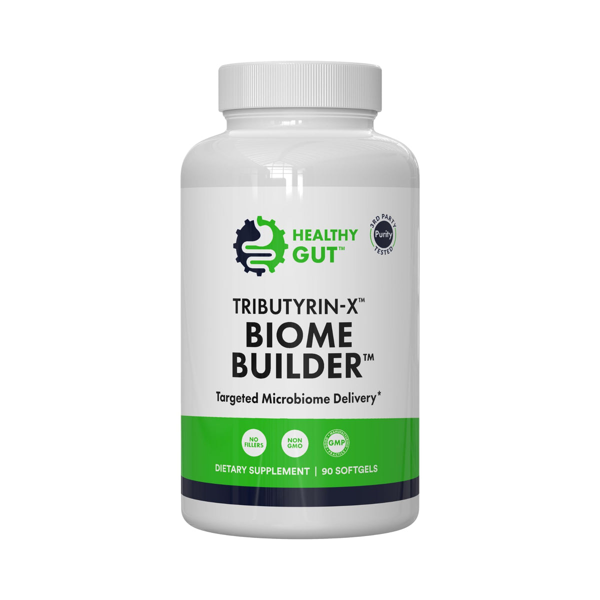 Healthy Gut Tributyrin-X bottle closeup emphasizes purity and gut support.