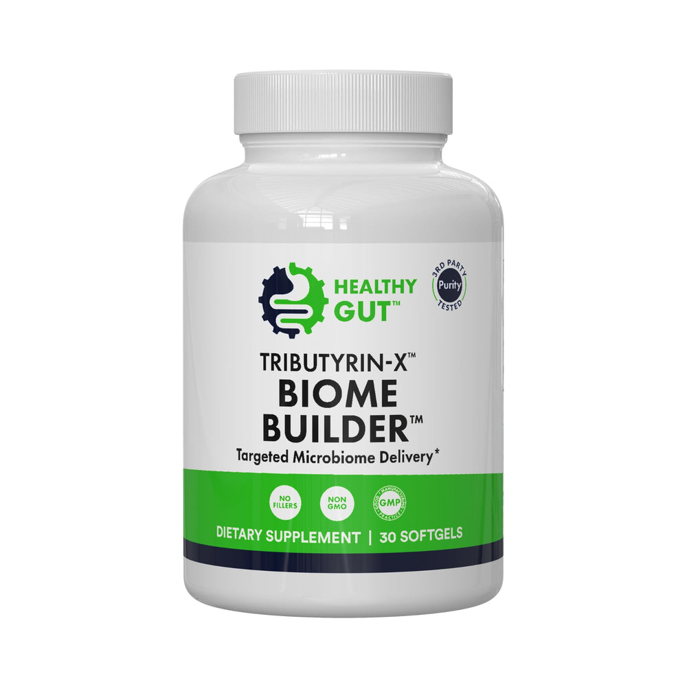 Healthy Gut Tributyrin-X bottle on a clean surface promotes gut support.