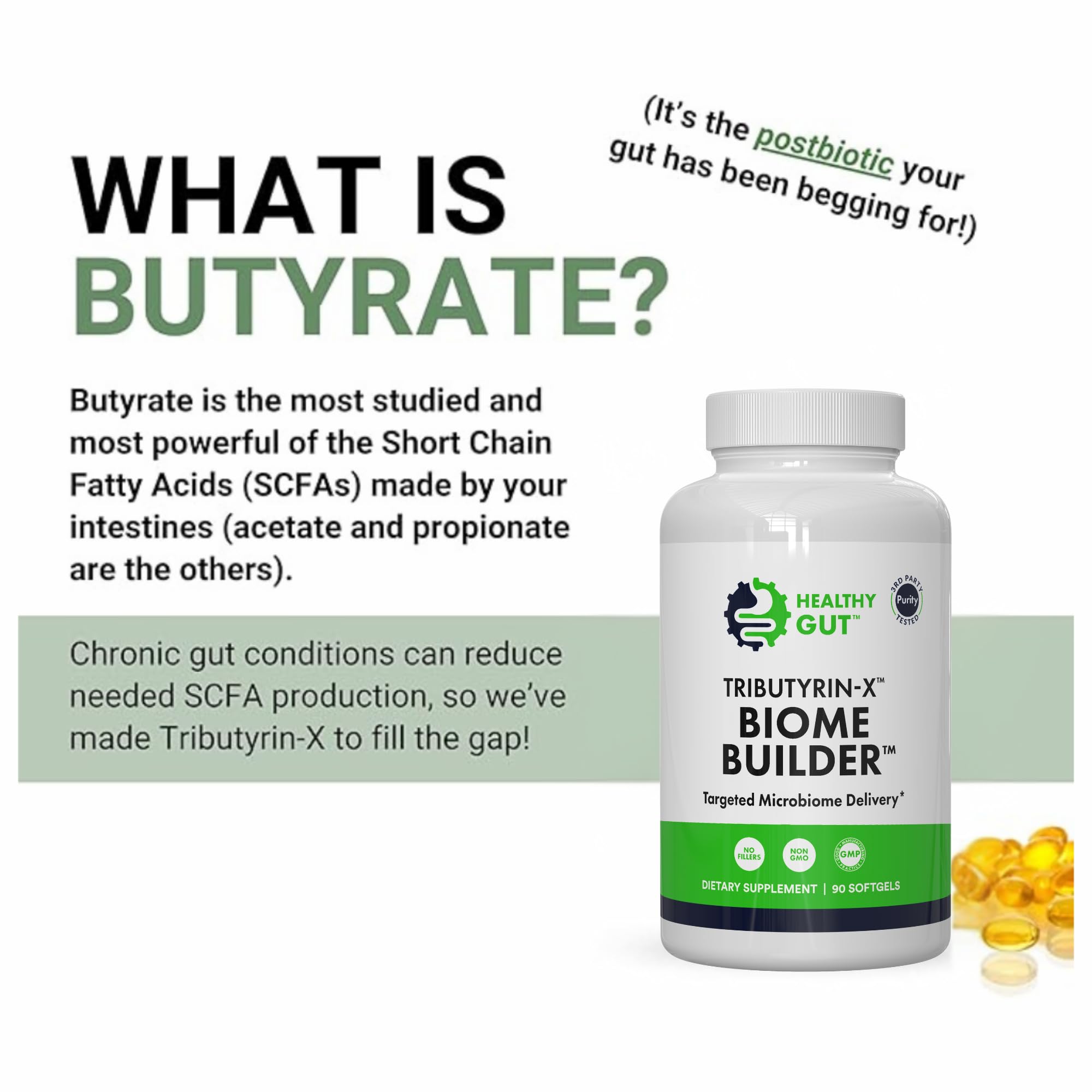 Healthy Gut Tributyrin-X label detail signals purity and absence of additives.
