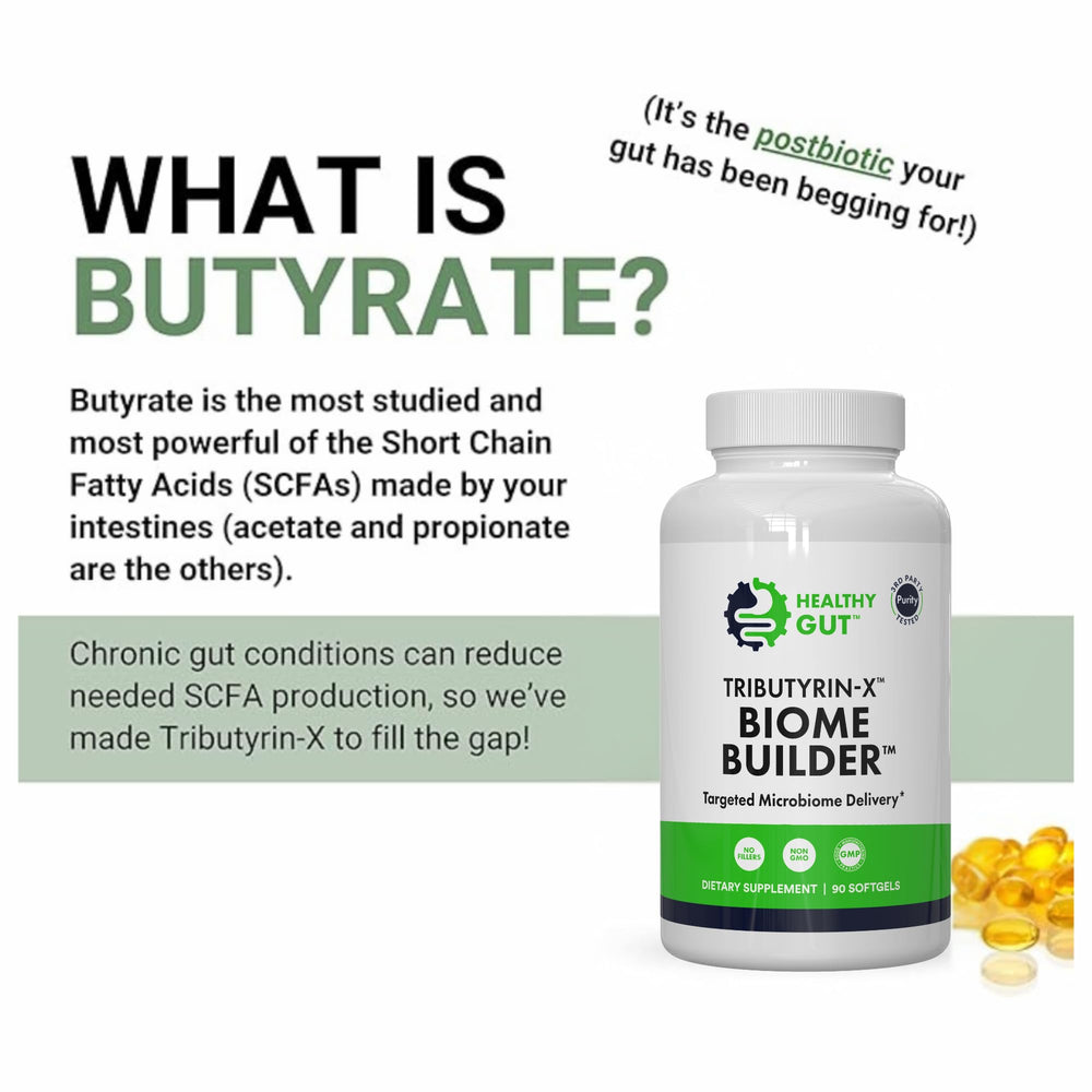 Healthy Gut Tributyrin-X label detail signals purity and absence of additives.