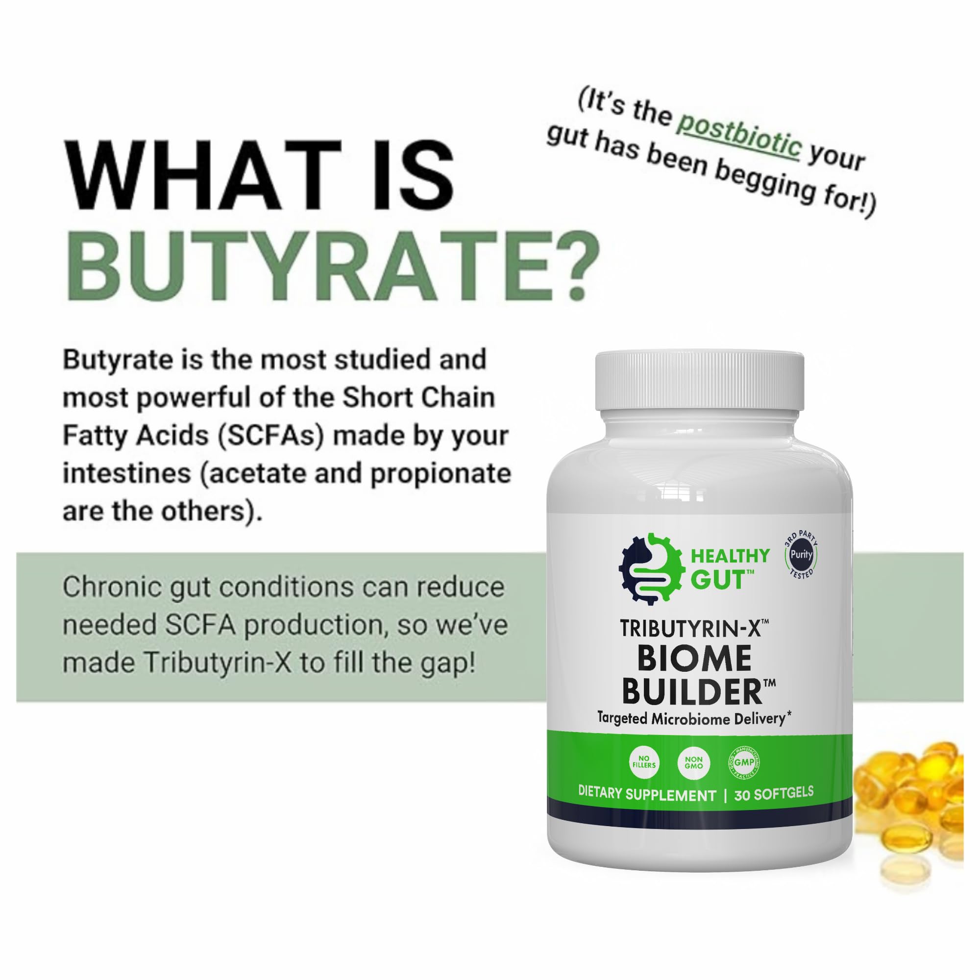 Healthy Gut Tributyrin-X label highlights no additives for a clean formula.