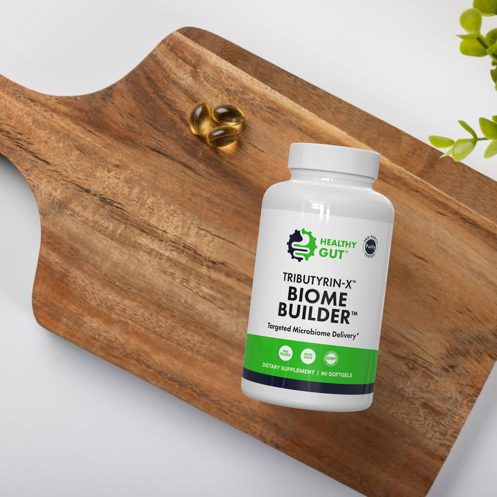 Healthy Gut Tributyrin-X packaging shot for convenient at-home supplementation.