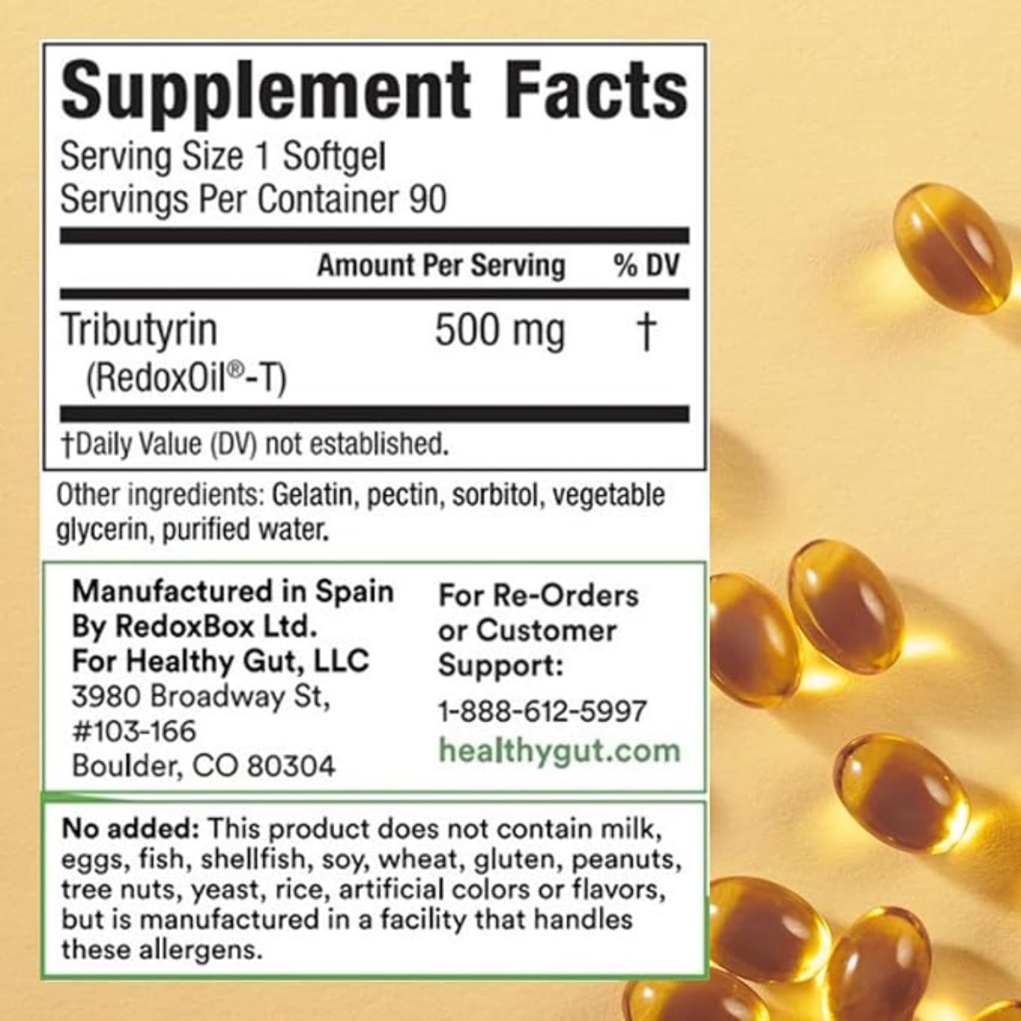 Healthy Gut Tributyrin-X softgel capsules ready for daily use and digestion support.