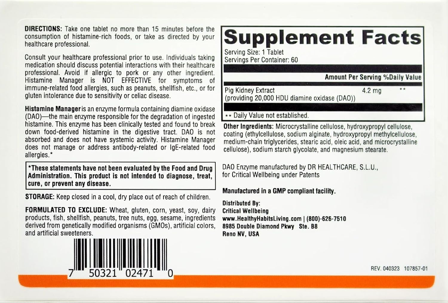 Healthy Habits Living Histamine Manager tablets close-up showing DAO enzyme for histamine management during meals