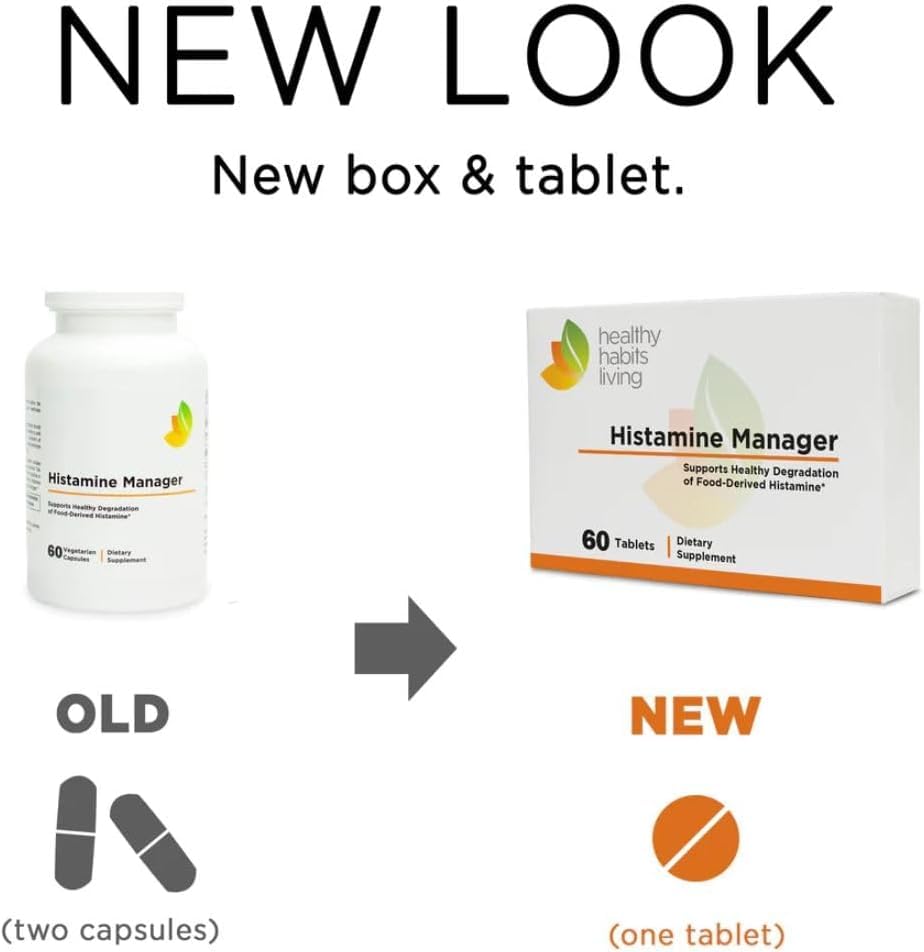 Healthy Habits Living Histamine Manager label highlights the 20,000 HDU DAO per tablet and allergen-free formula