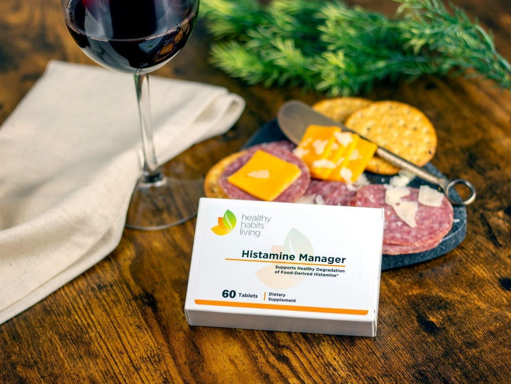 Healthy Habits Living Histamine Manager with red wine scene suggesting pre-meal support