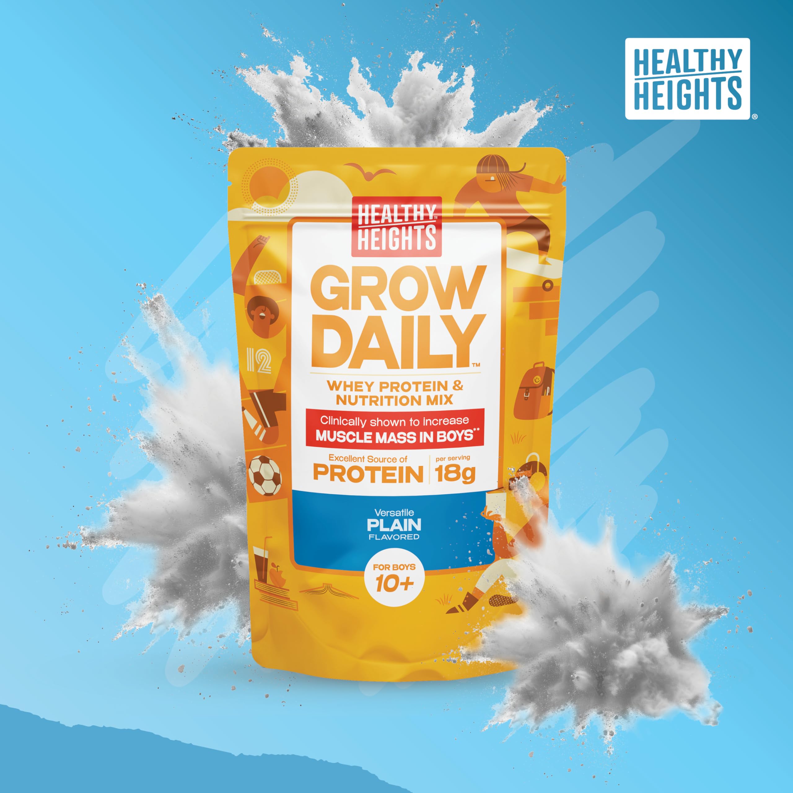 Healthy Heights Grow Daily packaging showing nutrition label for active pre-teens.