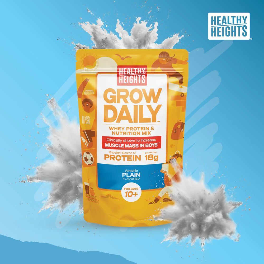 Healthy Heights Grow Daily packaging showing nutrition label for active pre-teens.