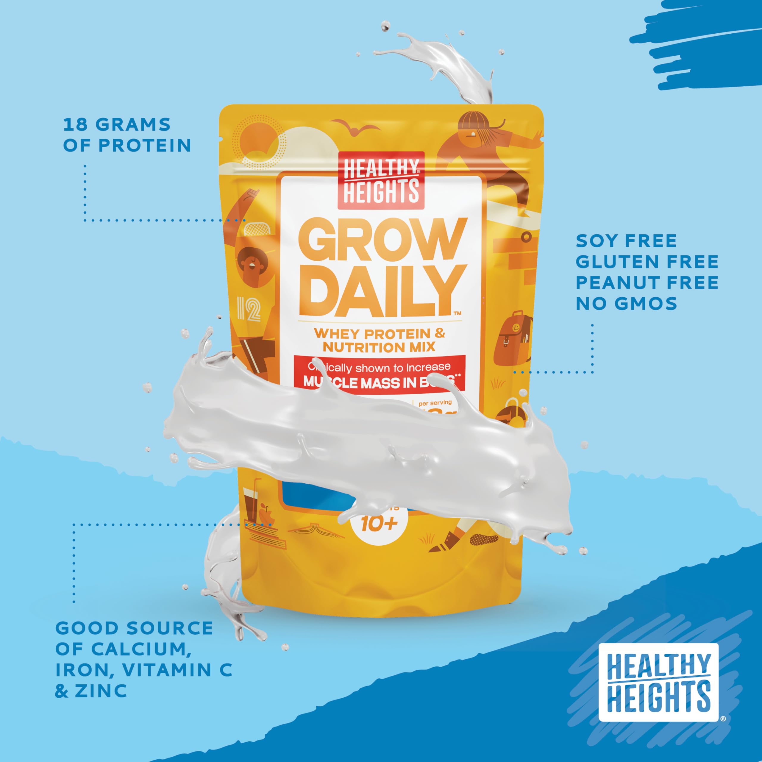 Pouring Healthy Heights Grow Daily protein powder into a glass for a quick shake.