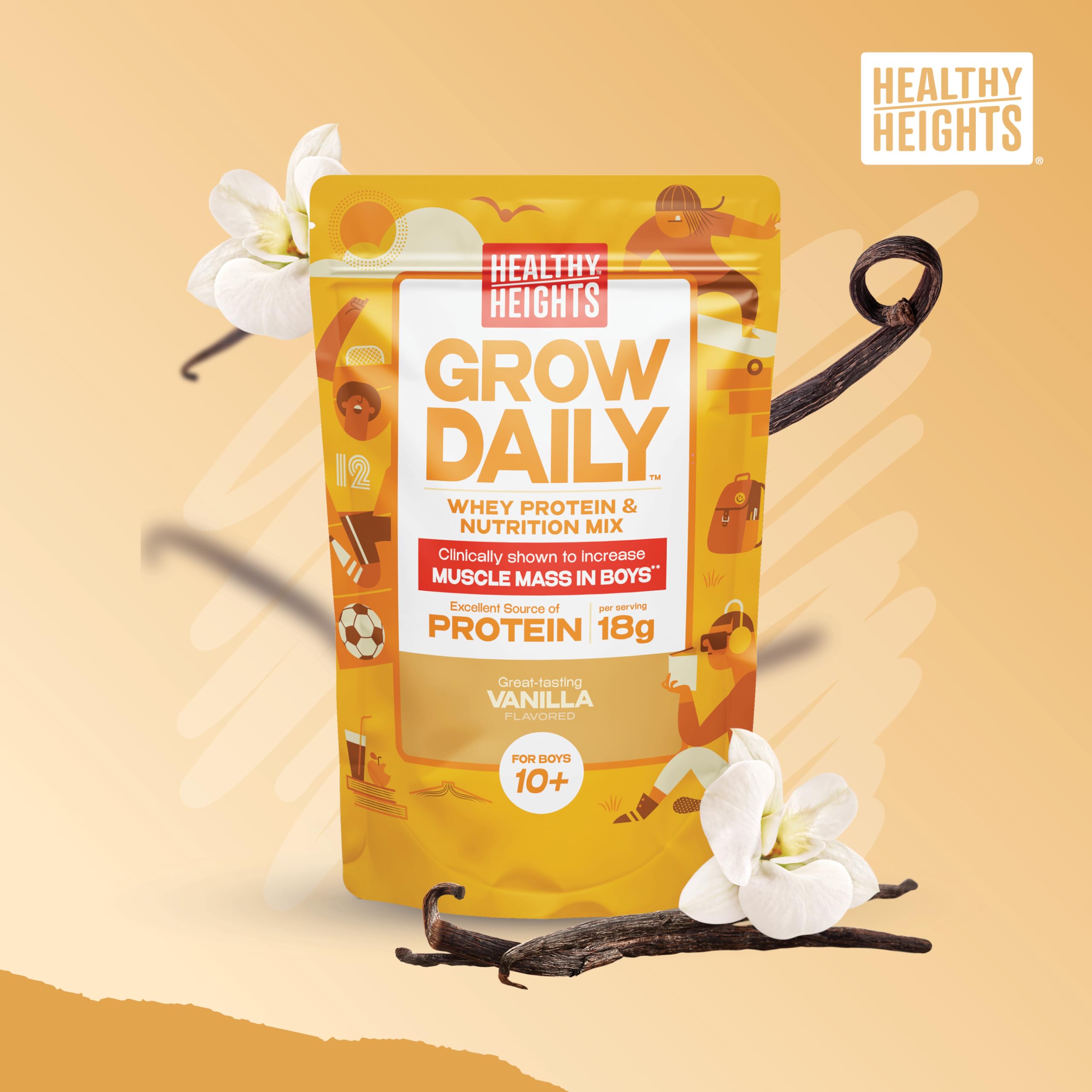 Healthy Heights vanilla protein scoop beside the tub for precise measuring.