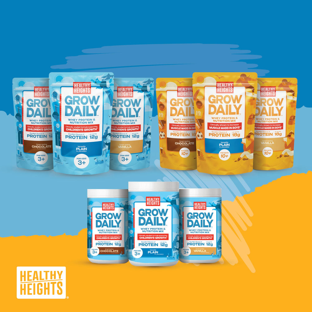 Label notes pediatrician-formulated nutrition on Healthy Heights vanilla tub.