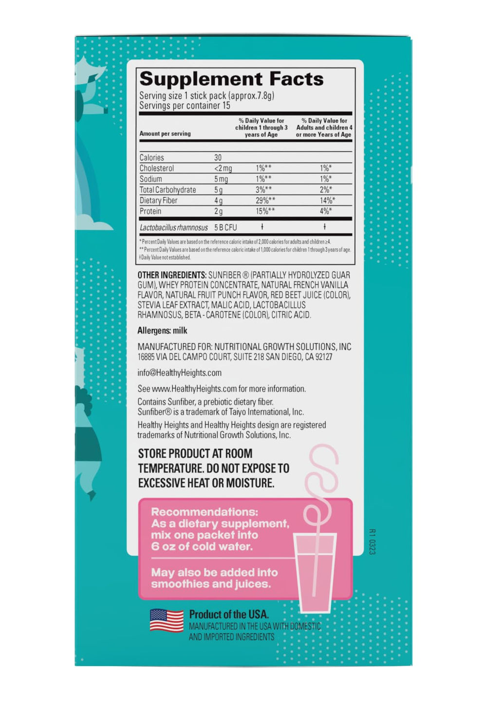 Healthy Heights Happy Tummies stick packets ready to mix for on-the-go digestion support.